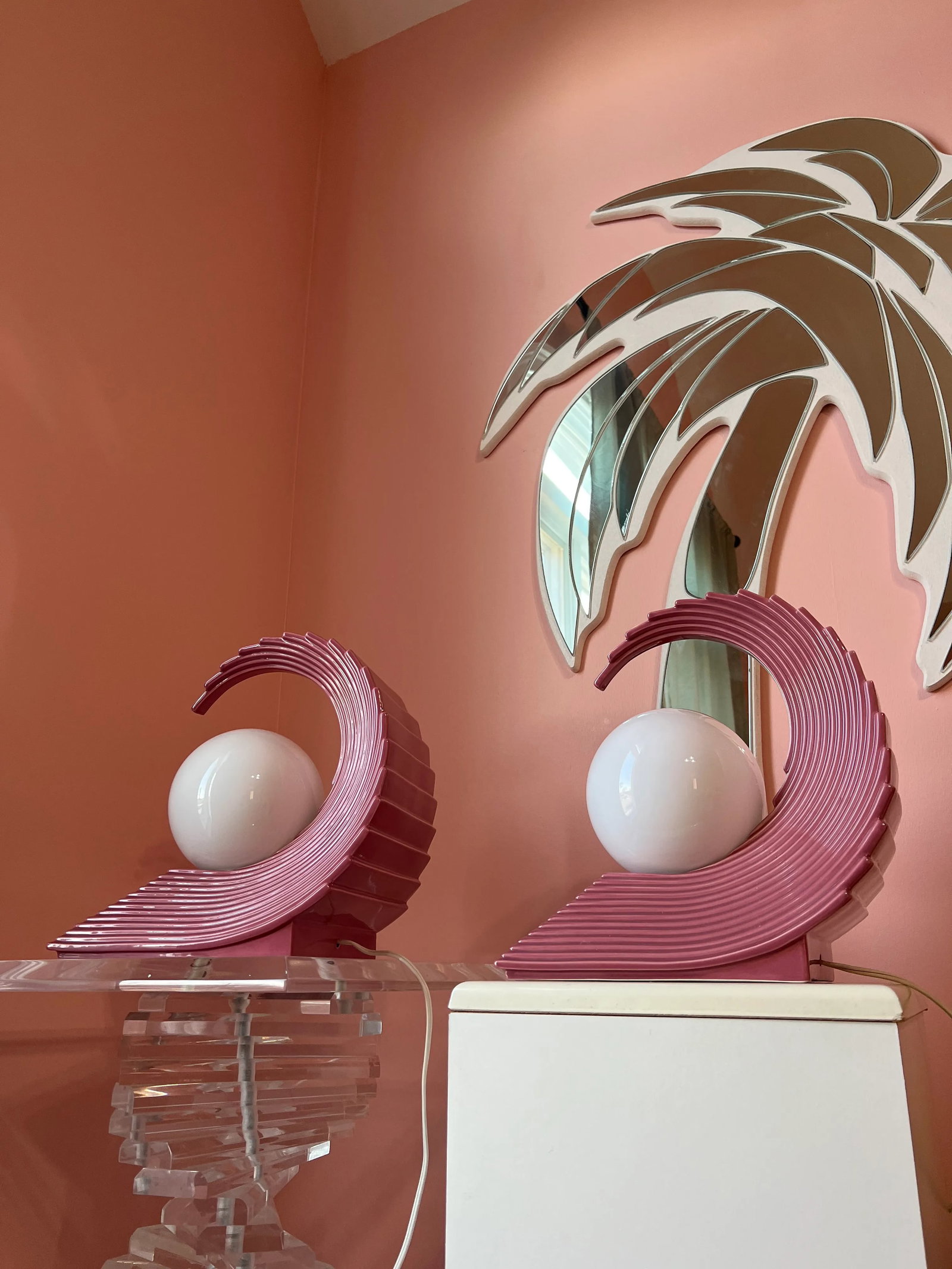 1980s Art Deco Revival Pink Ceramic Wave Lamps - a Pair - 11