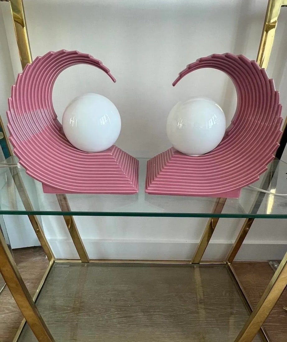 1980s Art Deco Revival Pink Ceramic Wave Lamps - a Pair - 13