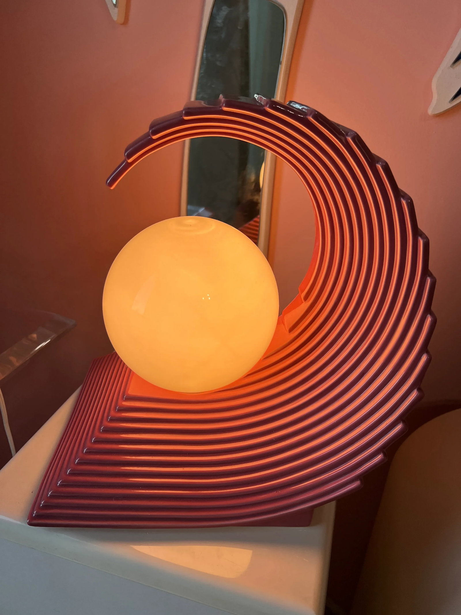 1980s Art Deco Revival Pink Ceramic Wave Lamps - a Pair - 3