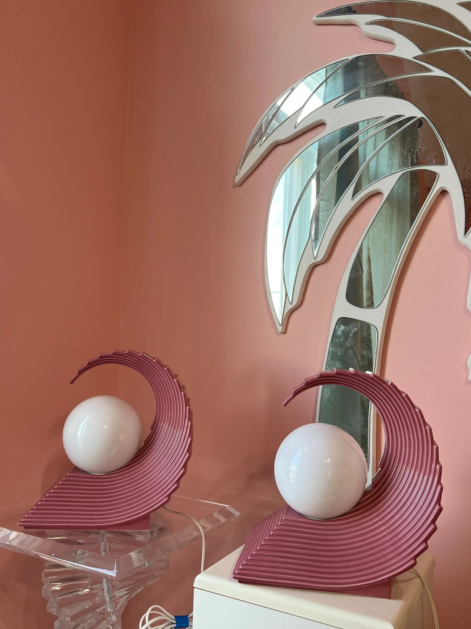 1980s Art Deco Revival Pink Ceramic Wave Lamps - a Pair - 4