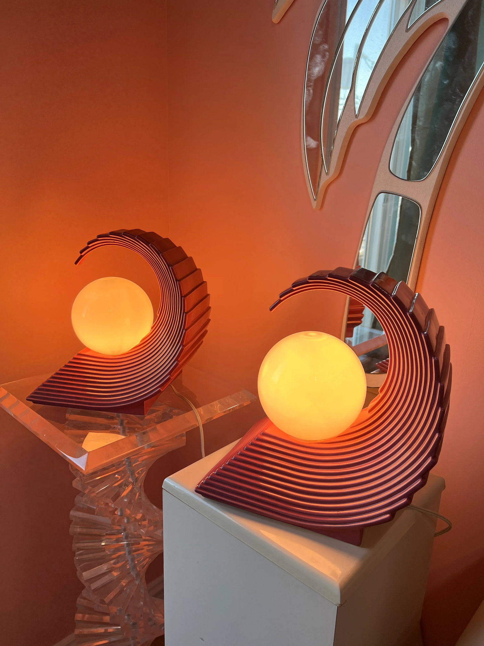 1980s Art Deco Revival Pink Ceramic Wave Lamps - a Pair - 6