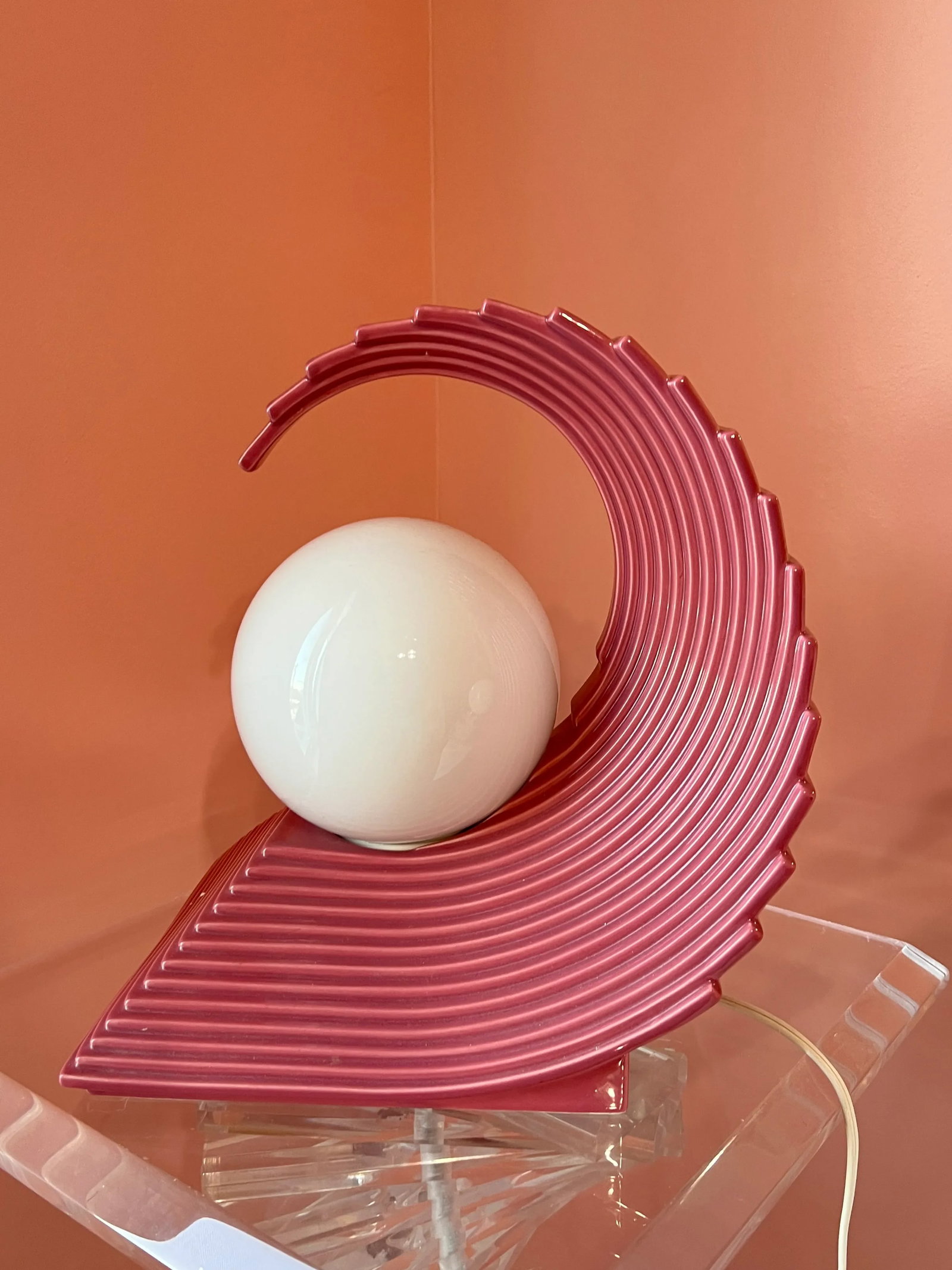 1980s Art Deco Revival Pink Ceramic Wave Lamps - a Pair - 9