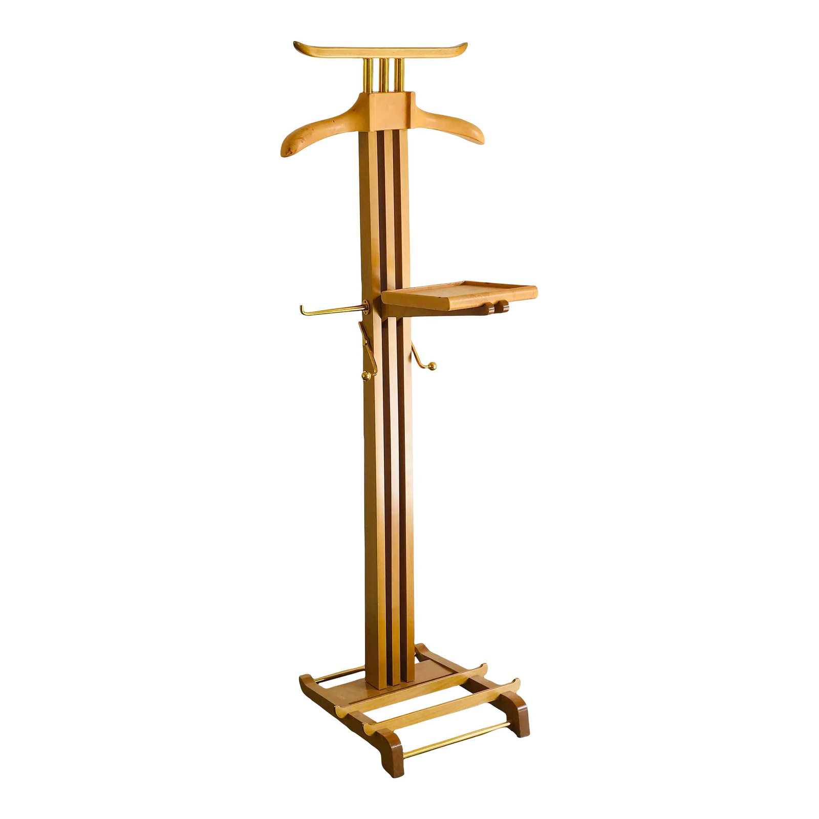 Hermes Valet After Paul Dupre-Lafon: A limited edition reissue of the classic valet designed in 1930 by Paul Dupre-Ladin for Hermes. The design is in blond wood with butterscotch leather and gold hardware. Stylish French Art Deco