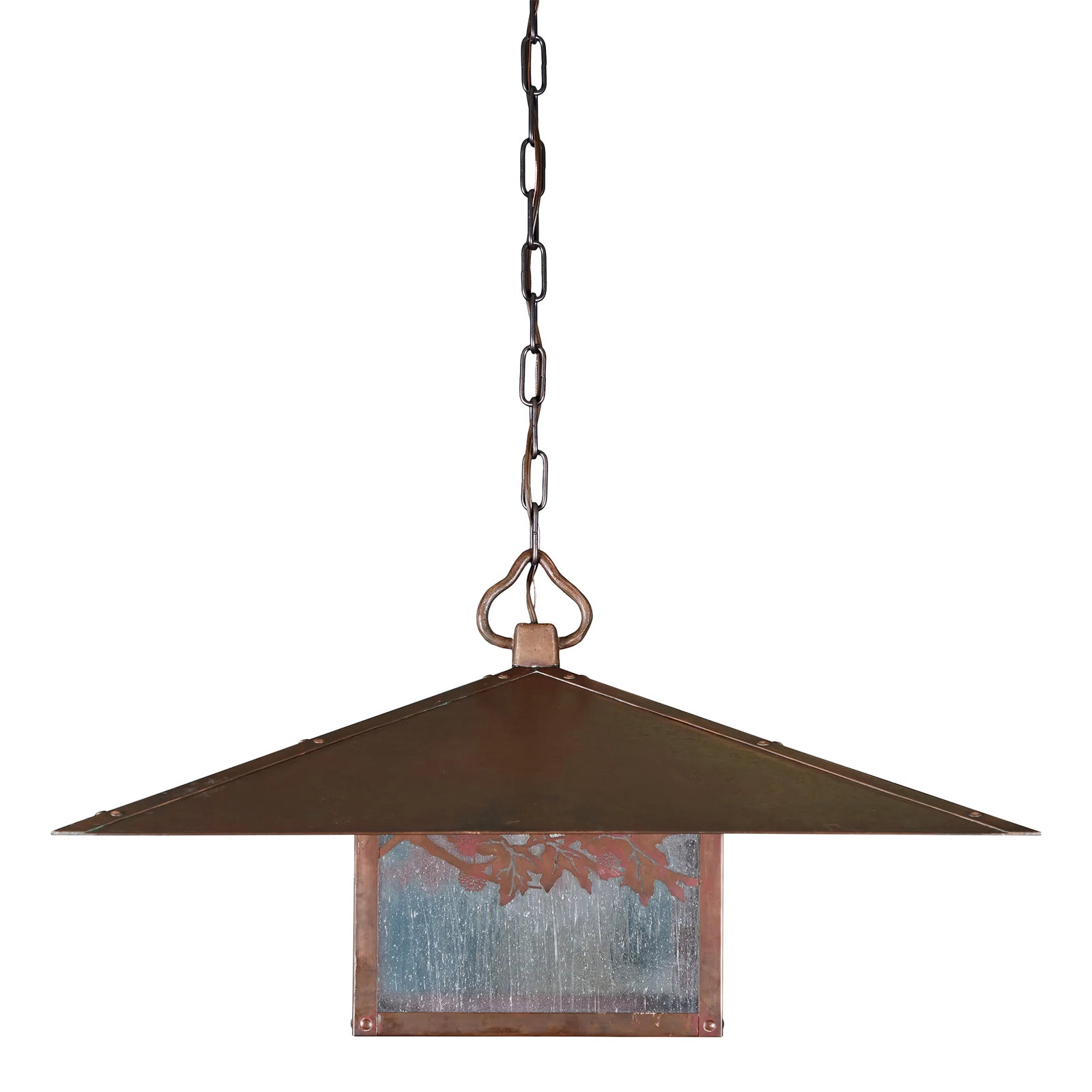 Vintage Large Square Arts & Crafts Copper Pendant: Vintage Large Square Arts & Crafts Copper Pendant, newly rewired. It has a seeded glass light-box, copper frames with intricately cut out copper branch accents and a sturdy chain for hanging. It measu