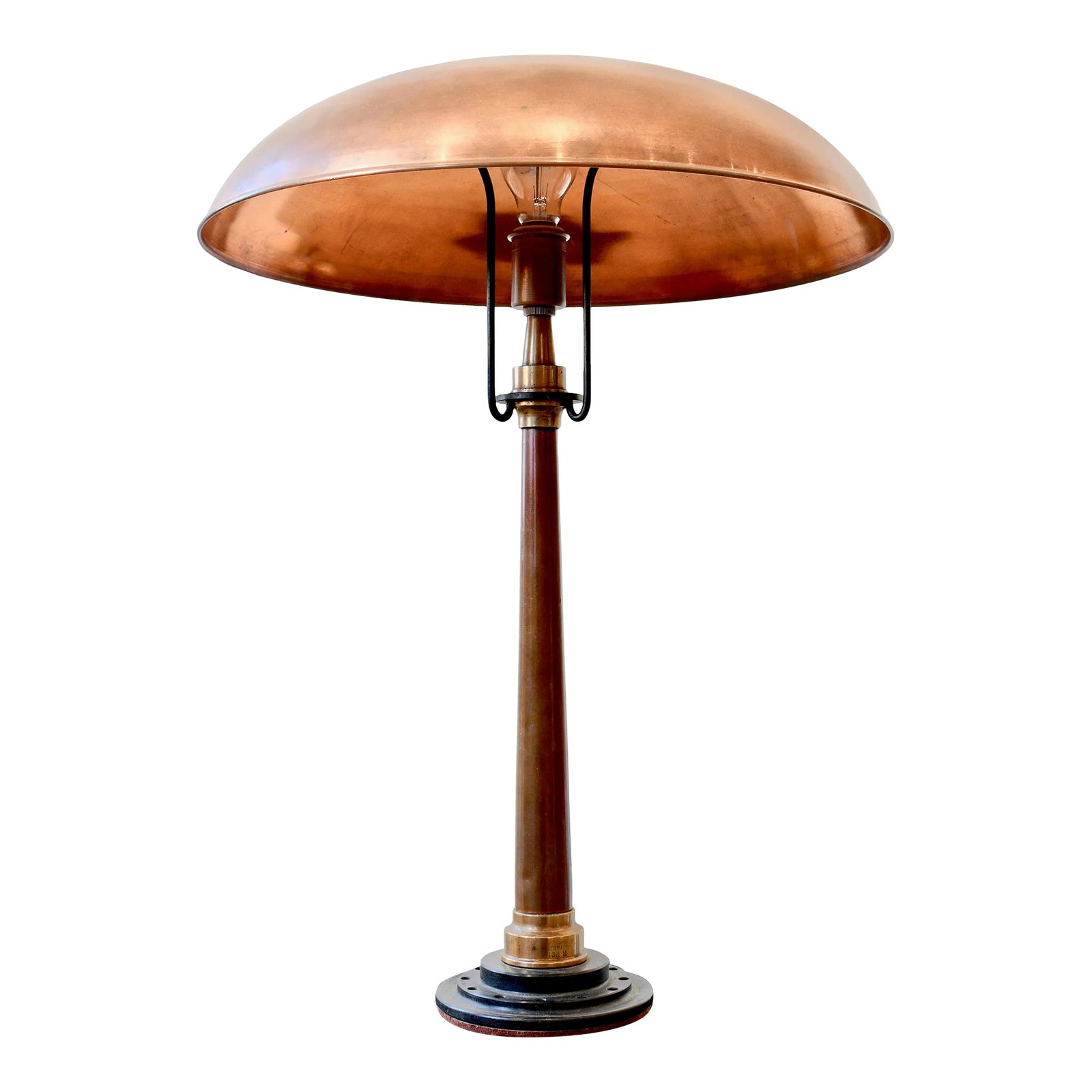 1920s Art Deco Style Tiff 1 Table Lamp: Made with a French fireman's nozzle and a copper shade in the style of art deco. Both materials are from 1920s. Condition: Alterations: Original Design Modified Imperfections: Some Imperfections Condi