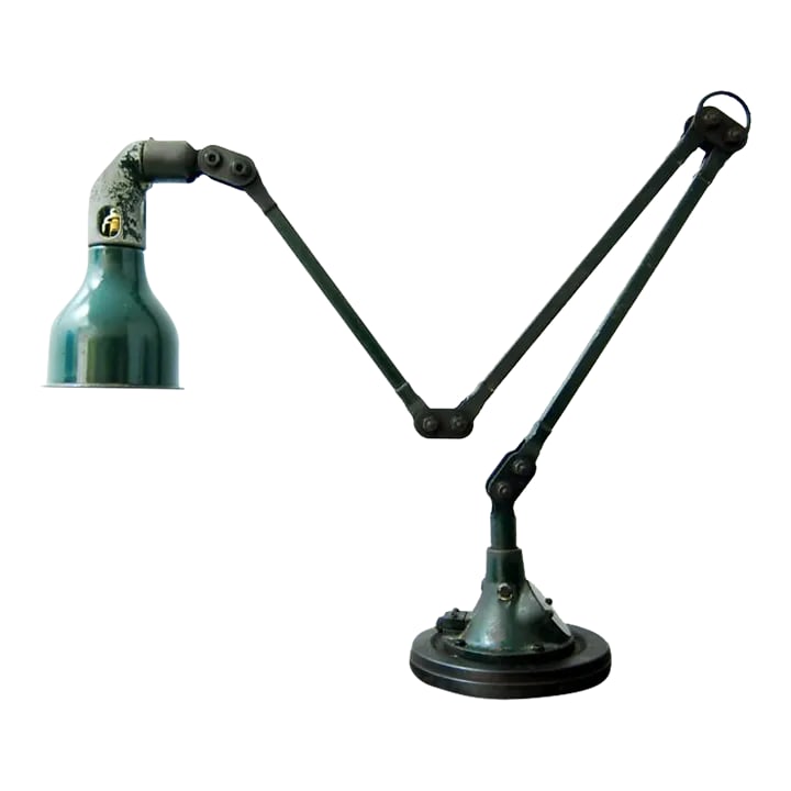 1940s Mek Elek Floor Lamp: 1940s Mek Elek fabricated in London, England. Green enamel shade with white interior, aluminum socket housing with a new old stock B22 socket with an on/off switch, 3 arms in steel mechanized by inter