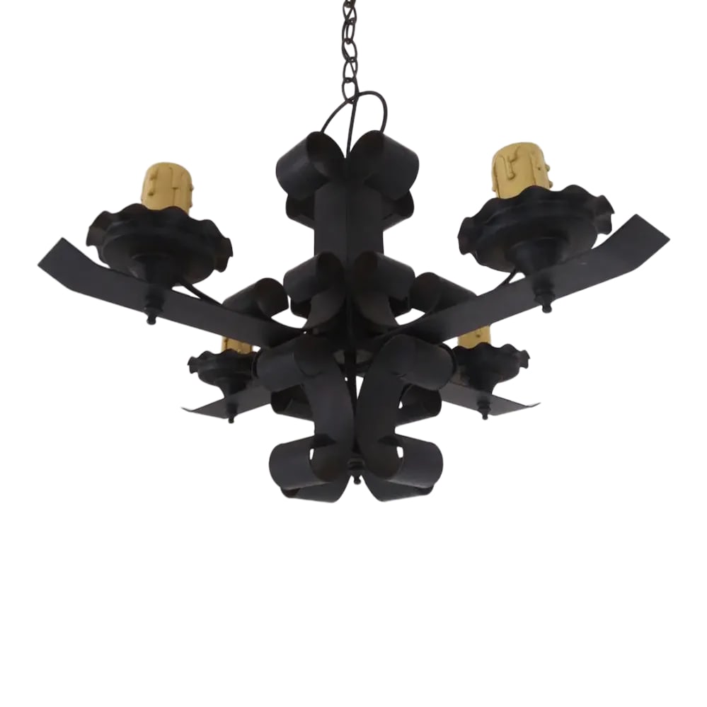 Vintage 1950s Small Spanish Iron Metal Chandelier: This beauty is from the 50s. Is all hand made with iron metal and it has 4 lights. Its all original and in working vintage functional condition. 35" tall with chain and plate, 24" wide and 18" tall