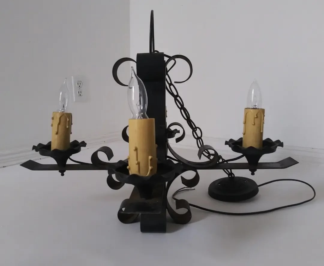 Vintage 1950s Small Spanish Iron Metal Chandelier - 2