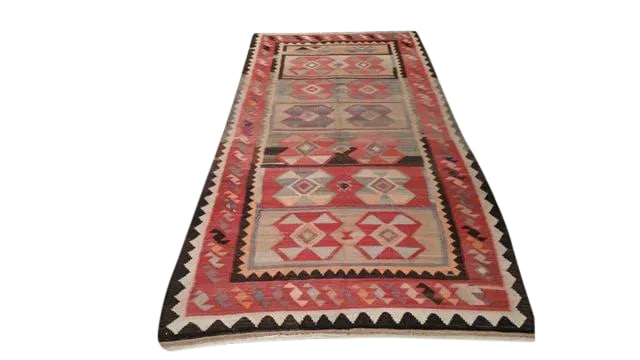 Vintage Turkish Kilim Hand Made Runner Rug - 4'8'' * 10'5'' - Size Cat. 5x8 6x9: This beautiful rug is handmade. It is a Turkish rug made of fine wool in beautiful colors of red, brown, beige. The colors are guaranteed to pop on a beautiful hardwood floor or on top of neutral