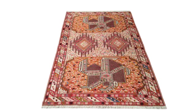 Vintage Persian Silk Soumak Handmade Rug - 4x6: Infuse a touch of beauty to high-traffic areas of your home with this durable Persian Silk rug in colors of red, orange, pink, blue, green. The rug is made of 100-percent silk handmade, making it dura