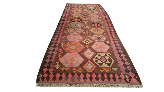 Vintage Traditional 14 Ft. Handmade Kilim Wide Runner Rug - 5' * 14'5'' - Size Cat. 6x9: This beautiful traditional Kilim rug is handmade. It is a vintage rug made of fine wool in beautiful colors of brown, orange, pink. Condition: Alterations: Restored Imperfections: Some Imperfections C