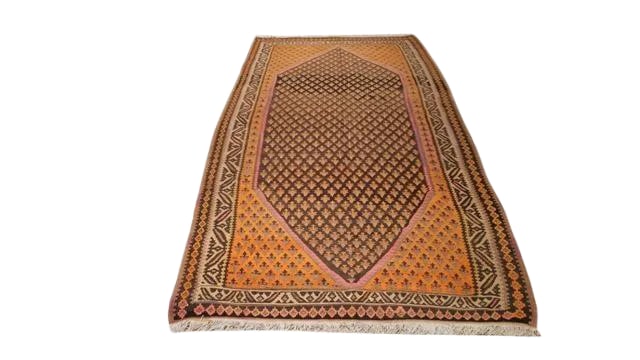 Vintage 10 Ft. Kilim Hand Made Wide Runner Rug - 4'9'' * 10' - Size Cat. 6x9: A beautiful handmade Persian kilim rug made of 100% wool in color of orange and brown, in a good condition. Condition: Alterations: Restored Imperfections: Some Imperfections Condition Notes: Good - M