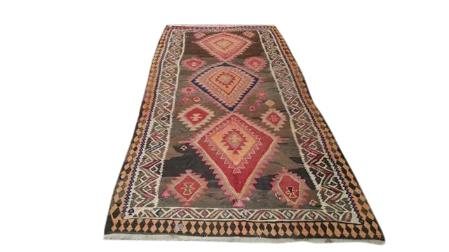 Vintage Turkish Kilim Hand Made Wide Runner Rug - 4'5'' * 9'8" - Size Cat. 4x6 6x9: Infuse a touch of beauty to high-traffic areas of your home with this durable Turkish Kilim rug in colors of brown, red, white, orange. The rug is made of 100-percent wool handmade, making it durable 