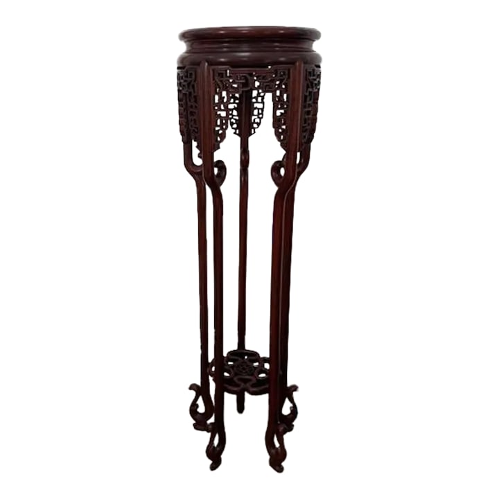 Antique Genuine Hand-Crafted Antique Chinese Rosewood Floor Plant Stand: Antique Chinese carved lustrous solid rosewood fine filigree detail top to its Chinese and key-patterned legs gracefully rounded floor plant stand. This solid rosewood furniture is good used to hold