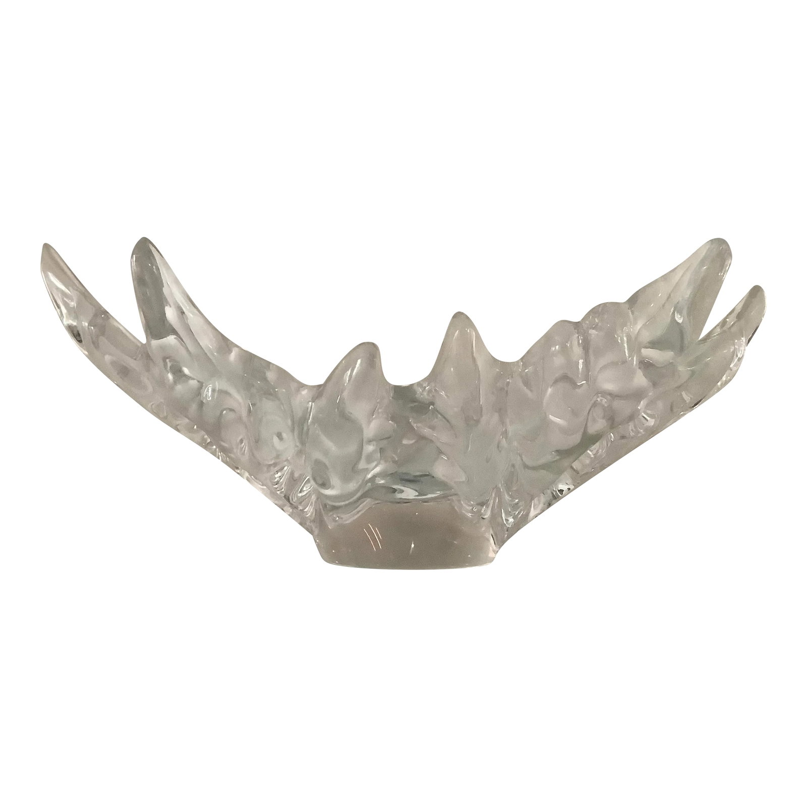 1960s Champs Elysees Bowl by Lalique Xl Signed Heavy Crystal: Large 18" Lalique Champs Elysees Frosted Clear Crystal Leaf centerpiece bowl. Lovely preowned piece. No chips but there are scratches on the bottom as shown. I have att Lalique signature in listing