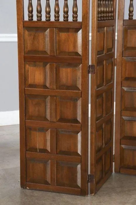Mid Century Modern Walnut 3-Panel Room Divider With Spindle and Panel Details - 2