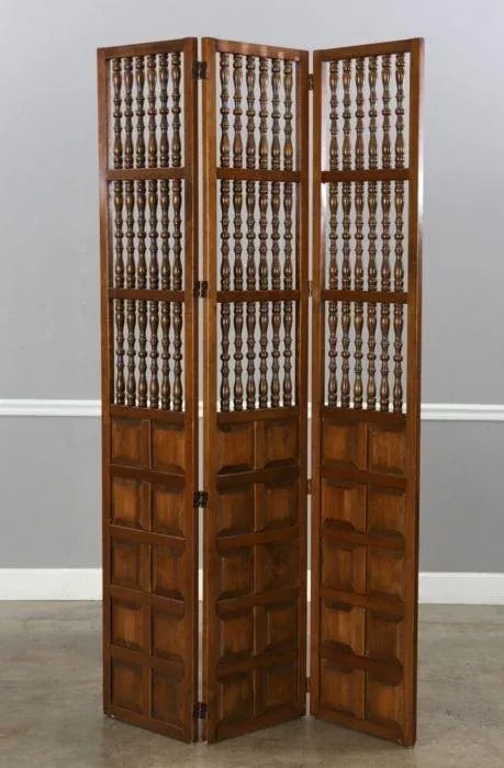 Mid Century Modern Walnut 3-Panel Room Divider With Spindle and Panel Details - 7