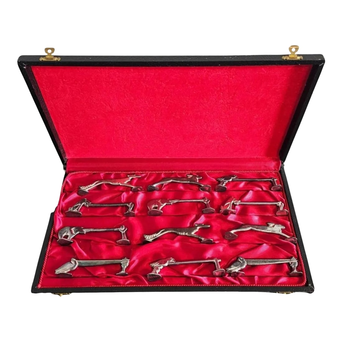 Vintage French Art Deco Benjamin Rabier Knife Rests - Set of 12: Add a touch of whimsical elegance and sophistication to your dinner party with this boxed set of twelve fine French Art Deco silver plated figural animal knife rests. circa 1930s Born in France in the