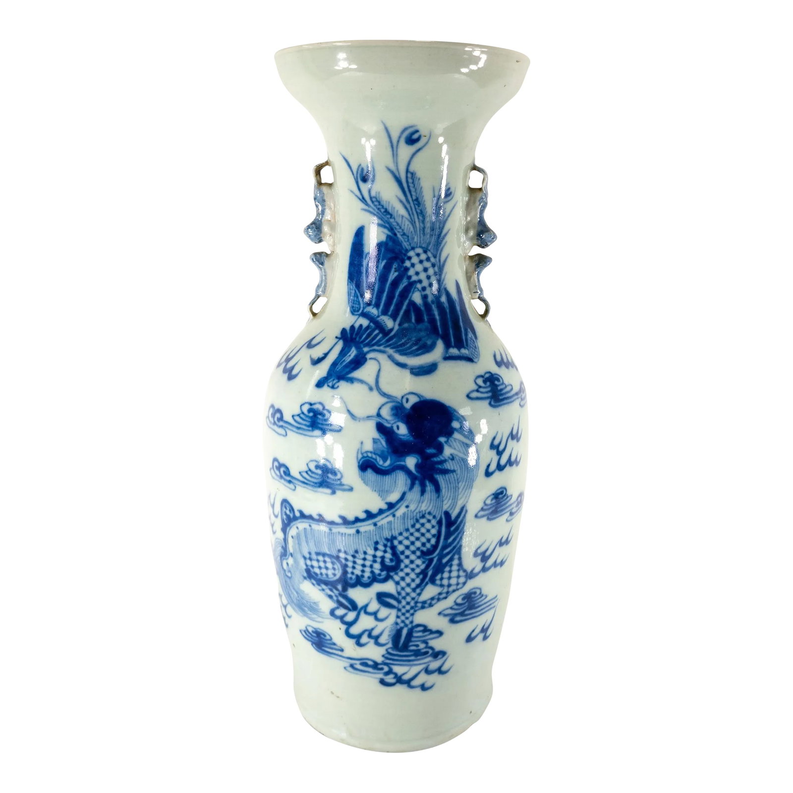 19th Century Chinese Chinoiserie Blue and White Celadon Floor Vase: We are selling this nice large Chinese blue and white floor vase. This vase has nice underglaze blue and white decoration of a phoenix and a foo lion on a celadon ground. The vase probably dates to th