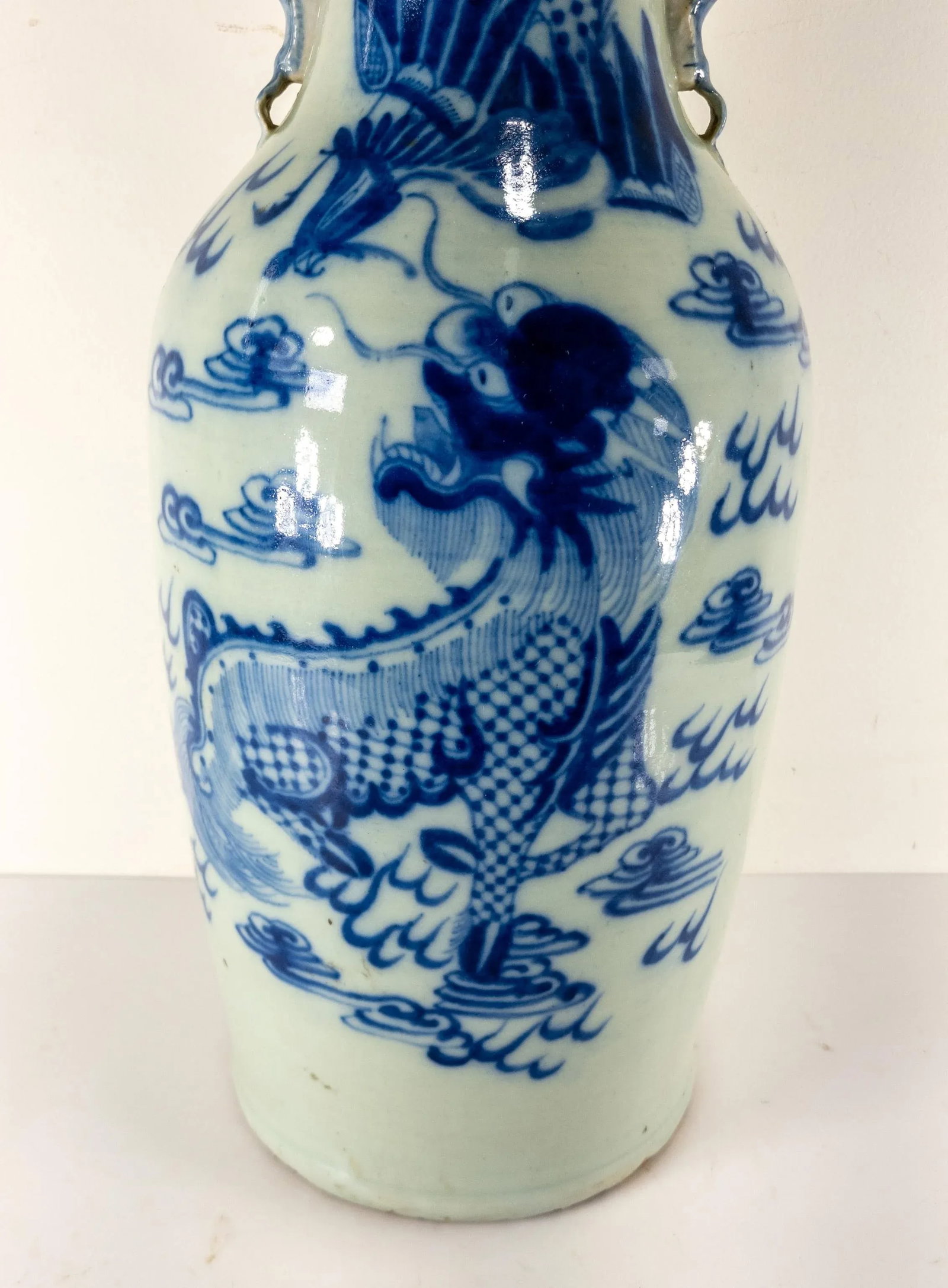 19th Century Chinese Chinoiserie Blue and White Celadon Floor Vase - 3