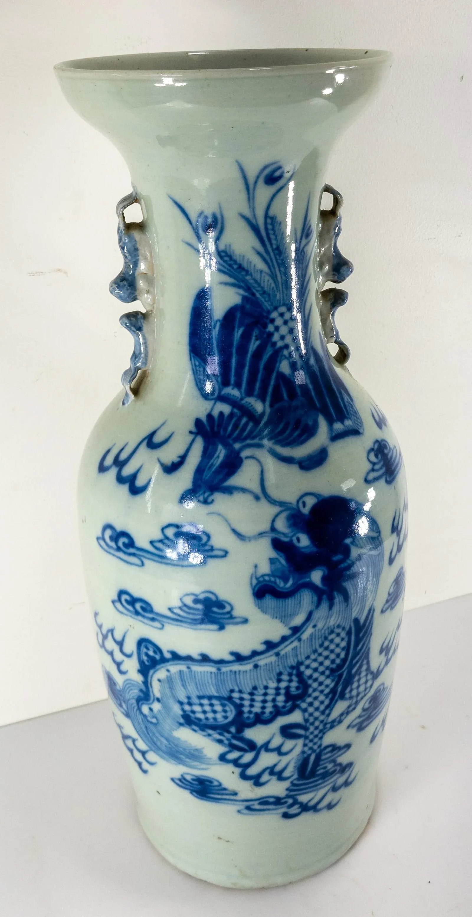 19th Century Chinese Chinoiserie Blue and White Celadon Floor Vase - 4