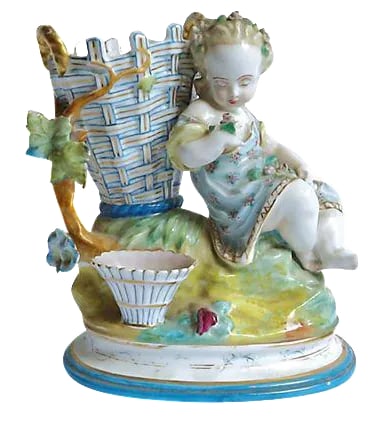 Antique French Majolica Cherub Vase: Antique; 19th century, French, majolica, porcelain, cherub figurine vase depicting a small cherub child in a garden enjoying flowers. Basket vase cup. Two vase cups, one larger, and one smaller. Condi