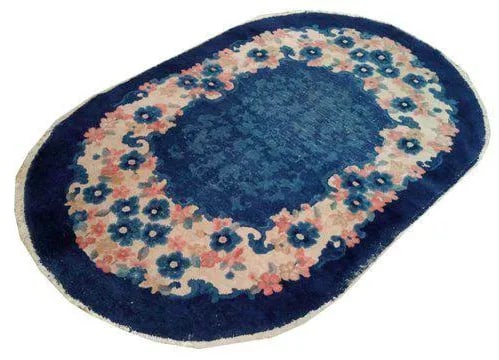 Antique Chinese Oval Handmade Knotted Rug - 3x5: Infuse a touch of beauty to high-traffic areas of your home with this durable art deco rug in colors of blue, orange, beige. The rug is made of 100-percent wool handmade, making it durable against fre