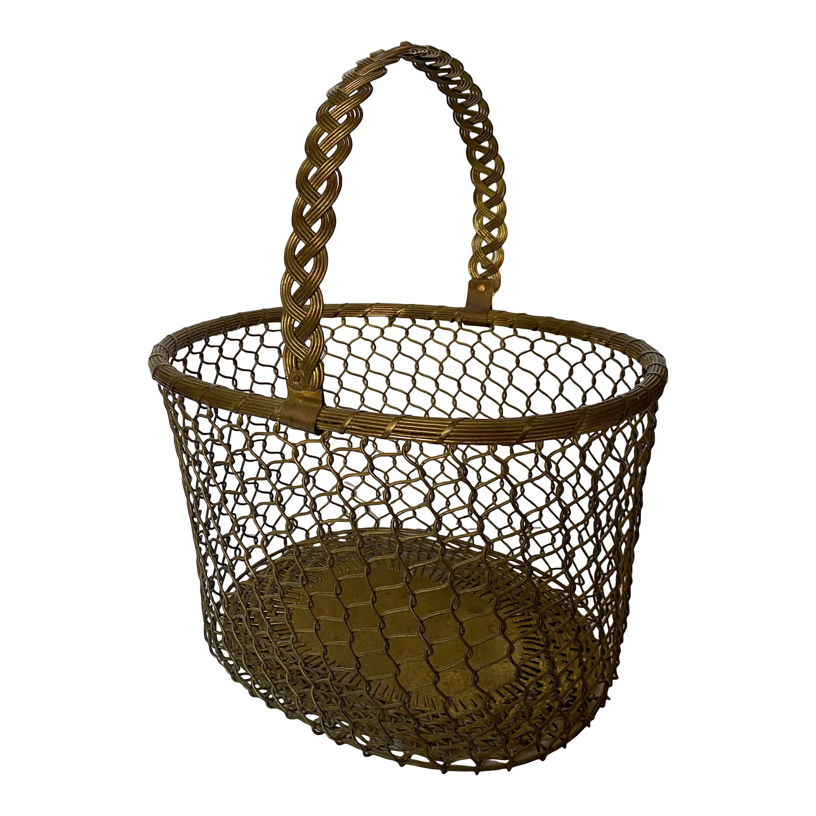 1960s French Woven Chain Link Brass Basket: French Country Woven Brass Basket mid-20th Century. Brass is woven in a chain-link pattern. Condition: Alterations: Original Condition Unaltered Imperfections: Some Imperfections Condition Notes:
