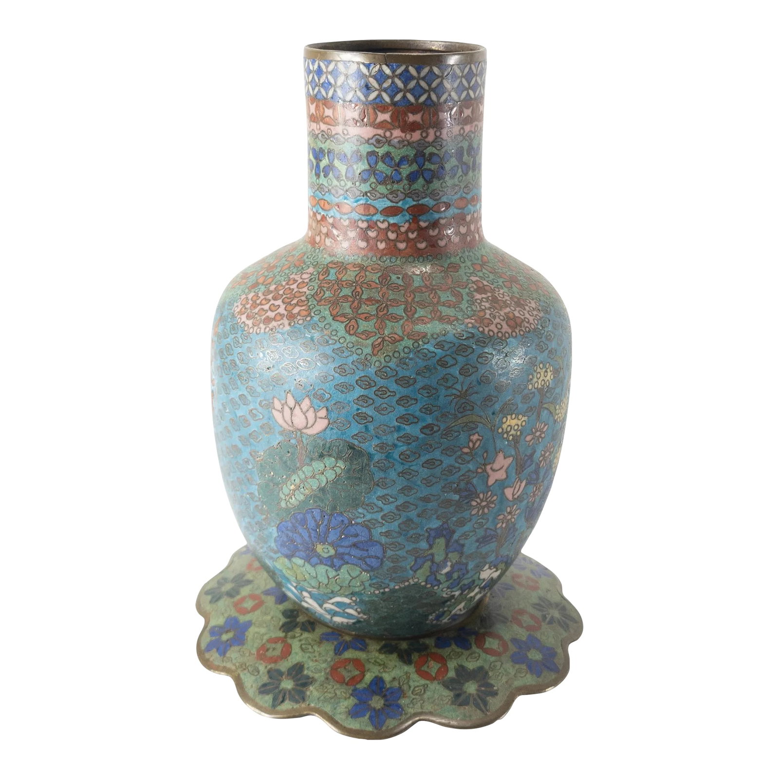 19th Century Japanese Edo Period Cloisonne Enamel Mallet Form Vase: We are selling this nice Japanese Edo type cloisonne vase. This vase has great mallet form shape and decoration with flowers and lotus blossom in a Chinese taste. Condition: One ding with some enamel 