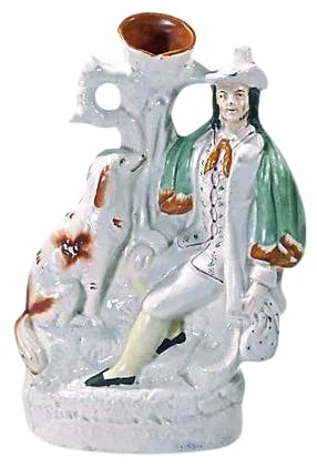 Antique Staffordshire Gentleman Dog Vase: This is an antique, 18th century, English Staffordshire vase depicting a gentleman sitting with his dog under a tree. It is made out of ceramic and does not have a maker's mark. Condition: Condition