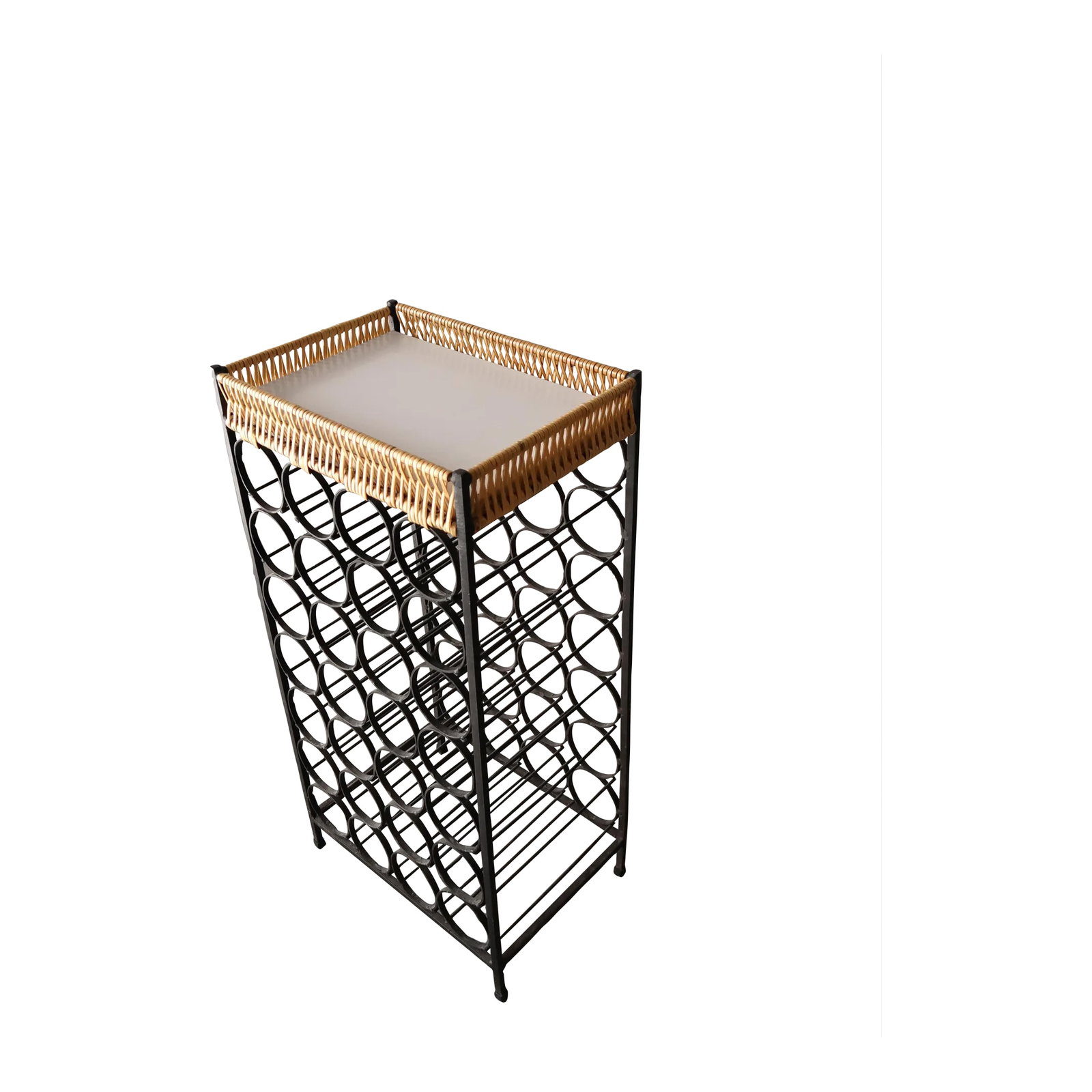 Mid Century Arthur Umanoff 28 Bottle Wine Rack: This is a great Mid Century Arthur Umanoff 28 Bottle Wine Rack, all original and in excellent condition. Can hold up to 28 bottles. Top is a melamine shelf for barware storage or drink prep. The iron