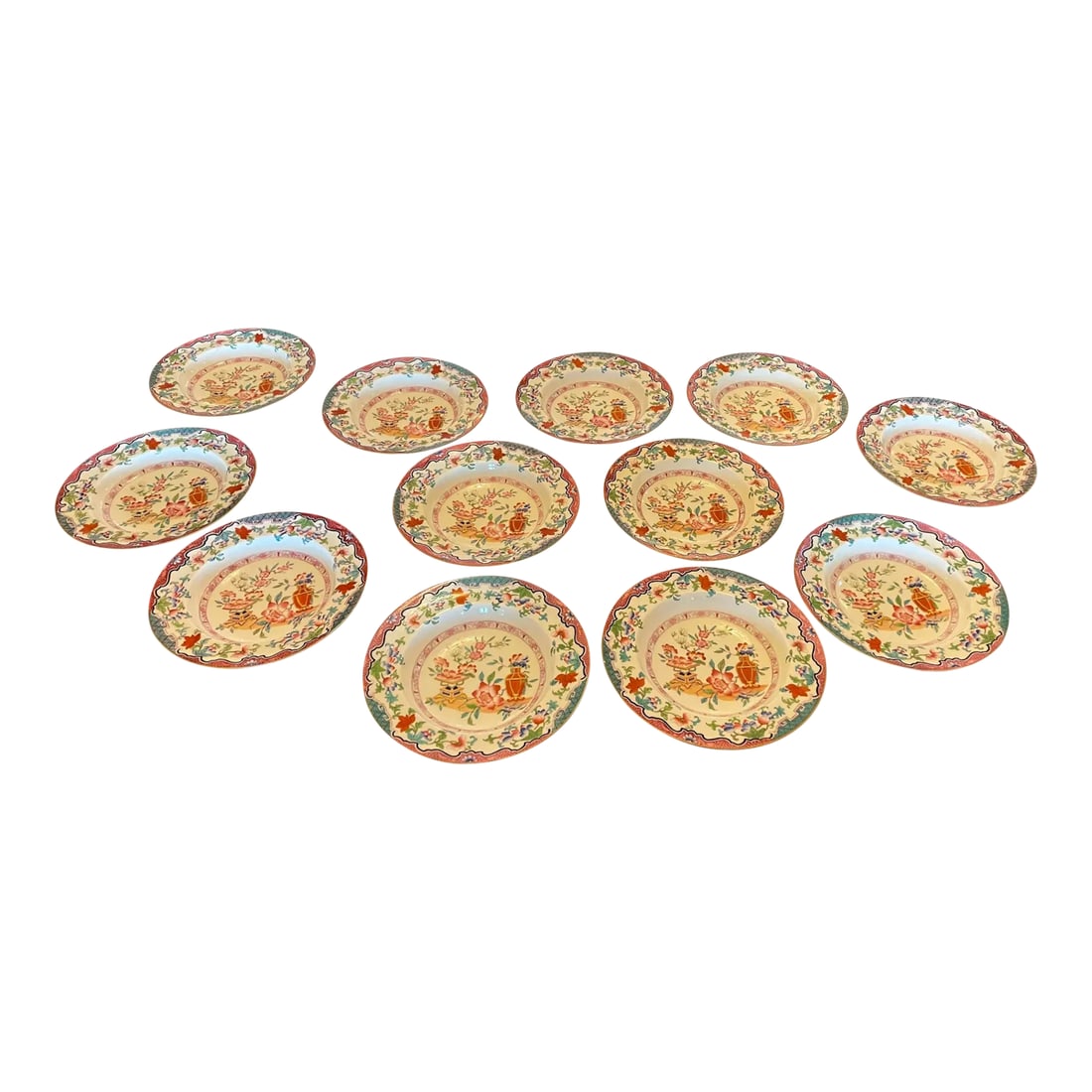 Mid 19th Century Minton Poonah Pattern Rimmed Bowls- Set of 12: Very difficult to find set of Minton Poonah large rimmed bowls. This pattern is just gorgeous with raised finishes and so many colors. The marks indicate they are from the mid 1800's but you would
