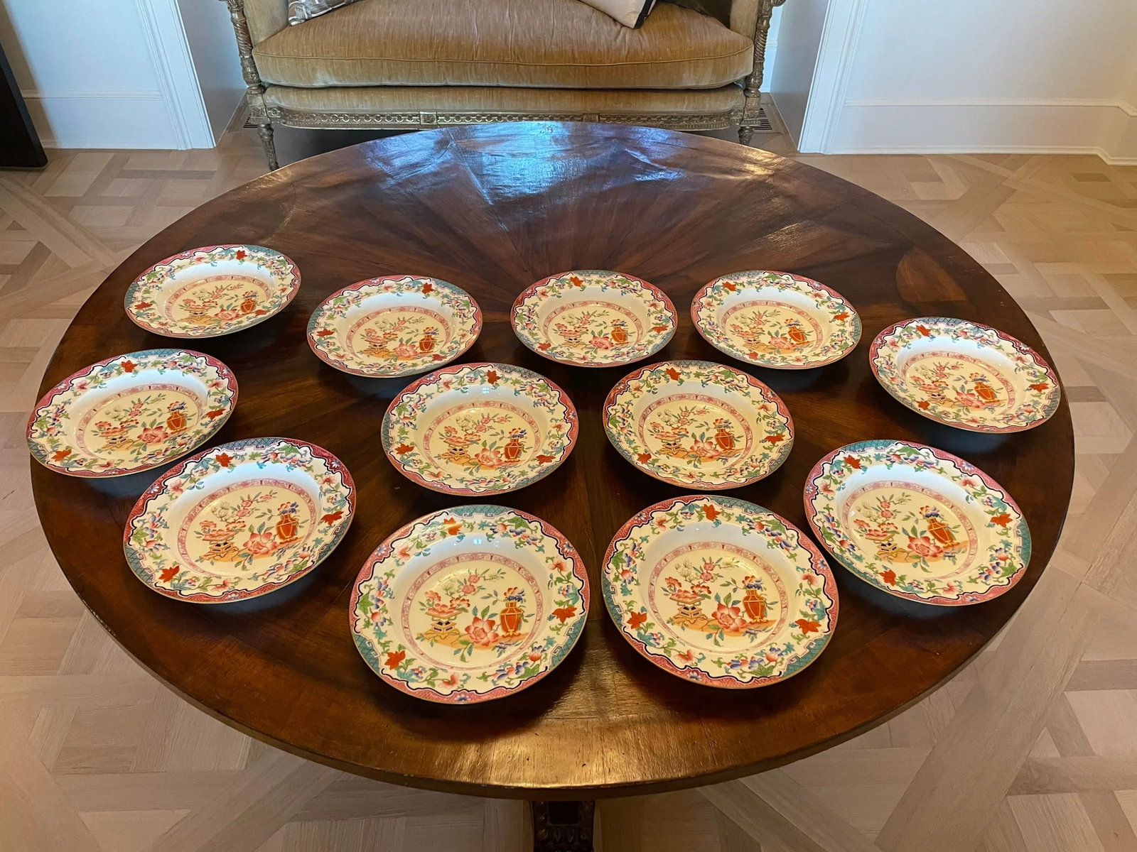 Mid 19th Century Minton Poonah Pattern Rimmed Bowls- Set of 12 - 8