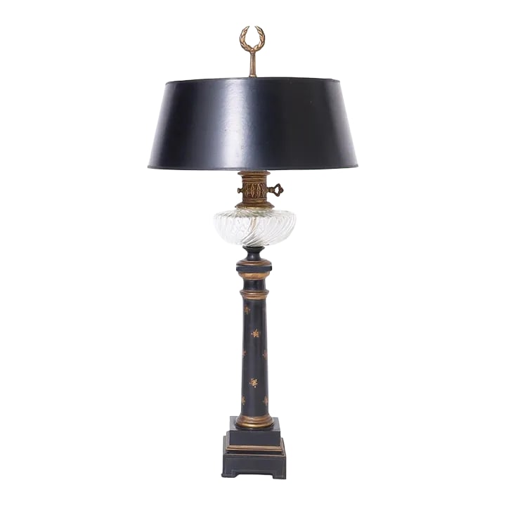 1930s Vintage English Tole Desk Lamp: Charming English desk lamp with a wreath finial, black paper shade, glass bulb, decorated shaft and classical base. Condition: Alterations: Unknown Imperfections: Some Imperfections Condition Notes: