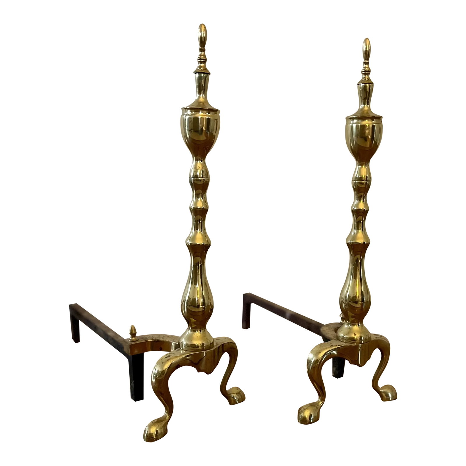 Vintage 1980s Polished Brass Andirons, Pair: Vintage pair of polished brass andirons. 22.5" high x 17" deep x 8" wide Condition: Alterations: Original Condition Unaltered Imperfections: Some Imperfections Condition Notes: Patina consistent with