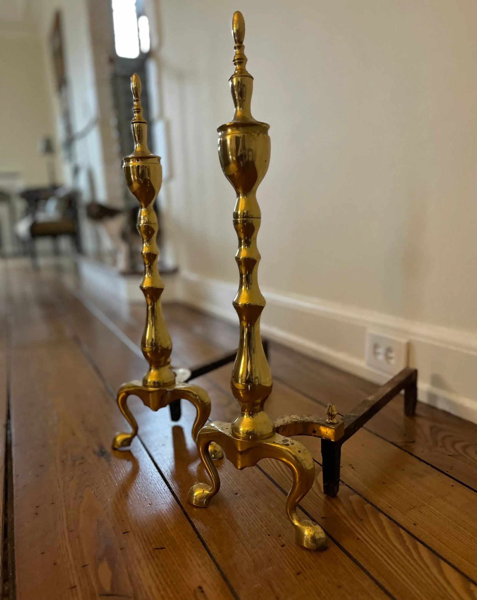 Vintage 1980s Polished Brass Andirons, Pair - 5