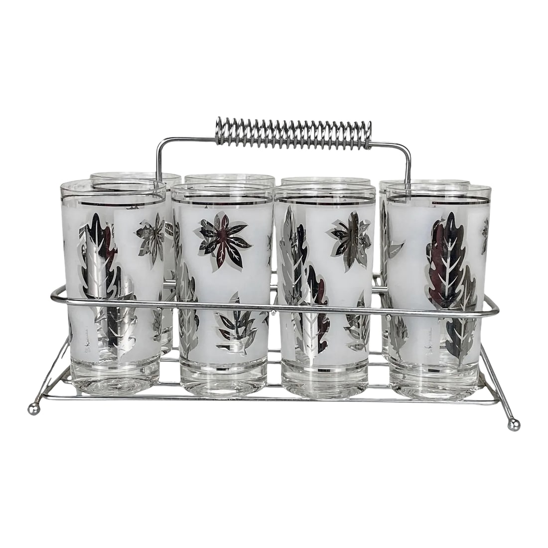 Mid-Century Modern Silver Foliage 8-Glass Bar Caddy by Libbey (1 of 8)