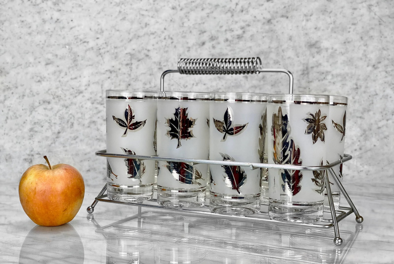 Mid-Century Modern Silver Foliage 8-Glass Bar Caddy by Libbey - 2