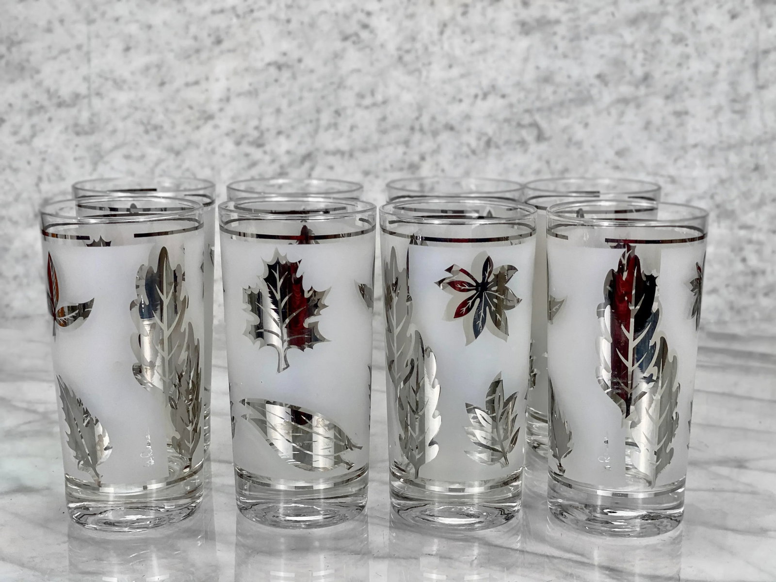 Mid-Century Modern Silver Foliage 8-Glass Bar Caddy by Libbey - 5