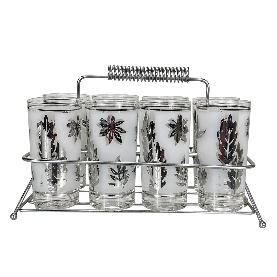 Mid-Century Modern Silver Foliage 8-Glass Bar Caddy by Libbey - 8