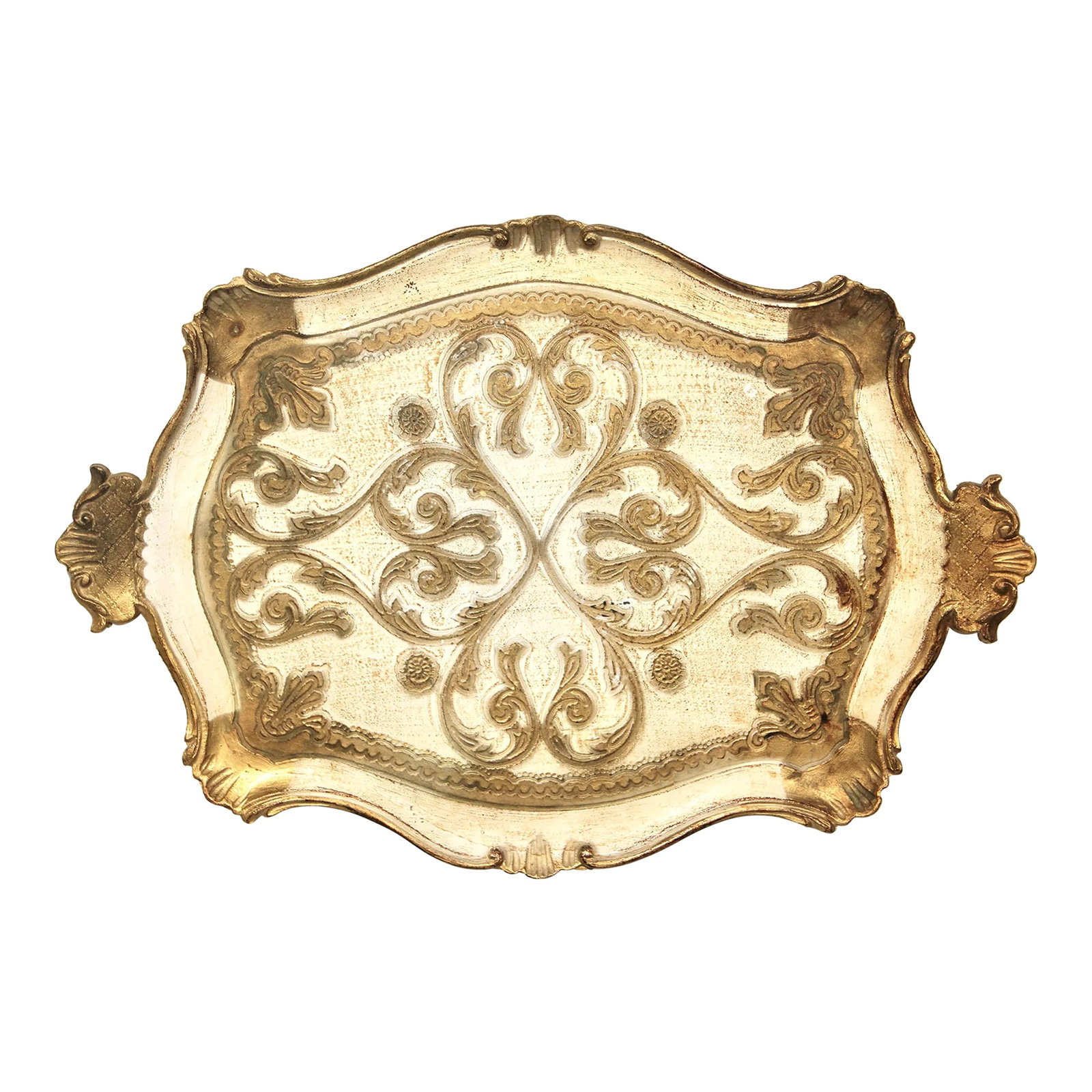 Mid Century Italian Florentine Gilded Tray: A stunning mid 20th century Italian Florentine Gold Gilded Tray with a lovely cream background. Excellent design and shape, a beautiful Italian piece! Condition: Alterations: Original Condition