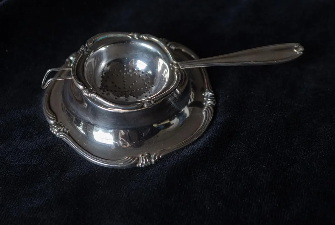 1960's Peruvian Sterling Silver Tea Strainer and Bowl Nouveau Pattern- 2 Pieces - 3