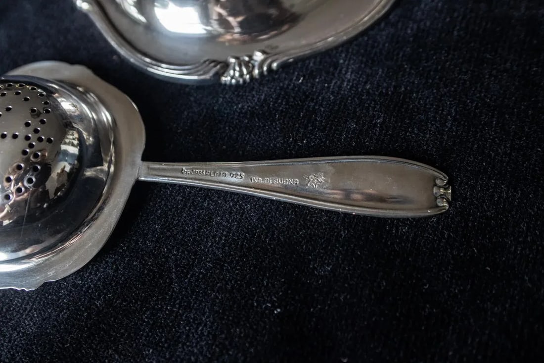 1960's Peruvian Sterling Silver Tea Strainer and Bowl Nouveau Pattern- 2 Pieces - 6