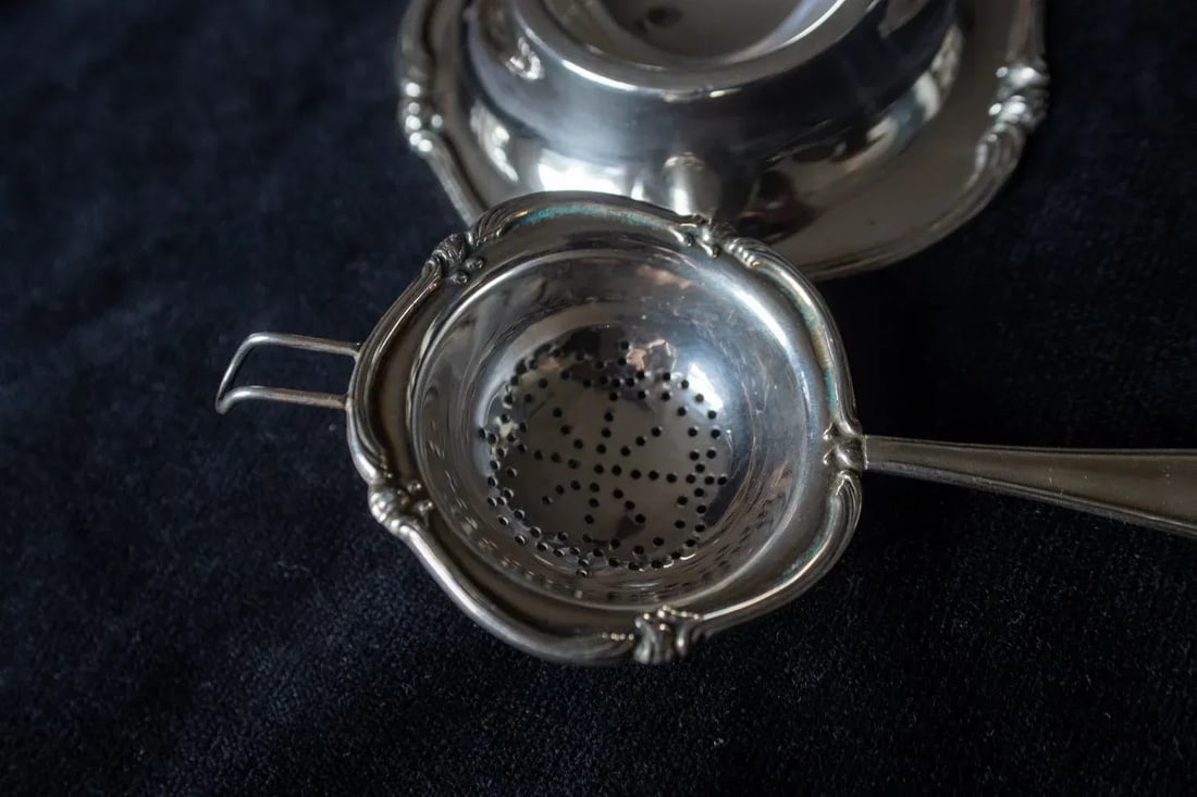 1960's Peruvian Sterling Silver Tea Strainer and Bowl Nouveau Pattern- 2 Pieces - 9