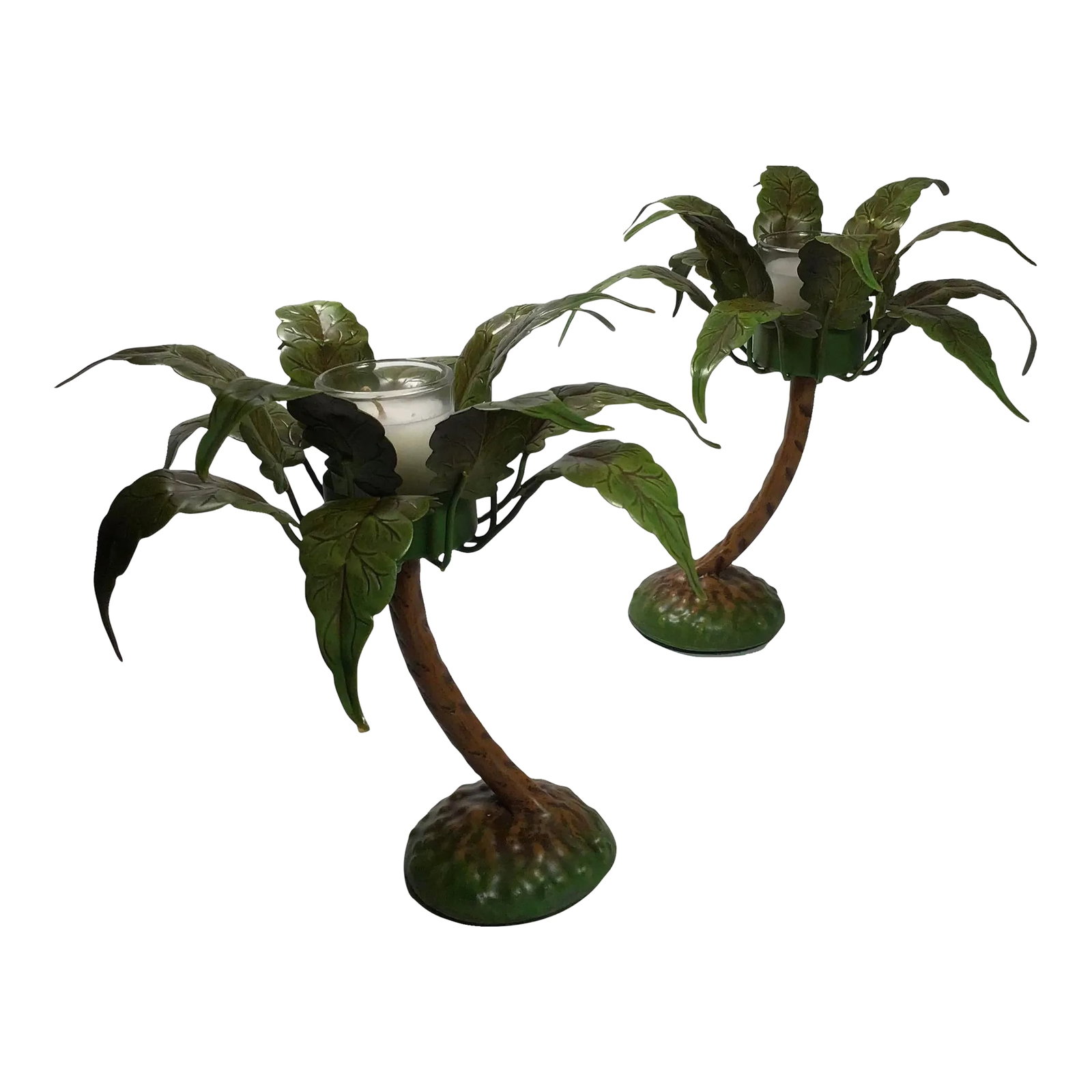 1990's Petite Choses Palm Tree Votives in Metal Toleware - a Pair: These vintage cast spelter/zinc painted toleware candleholders, by Petite Choses, make a great centerpiece - with votive candles glowing or a few flower blossoms in the glass votive cups - or - just