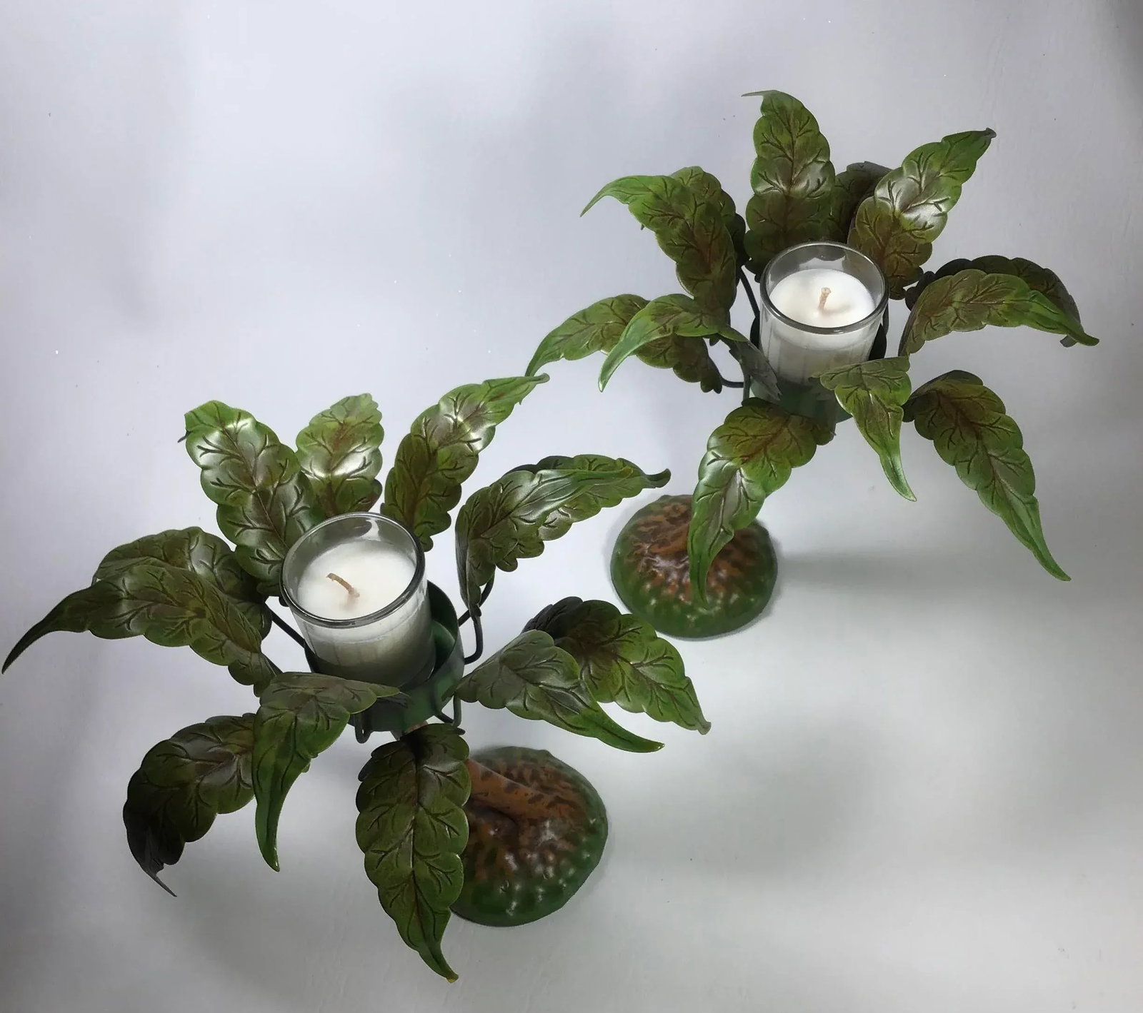 1990's Petite Choses Palm Tree Votives in Metal Toleware - a Pair - 3