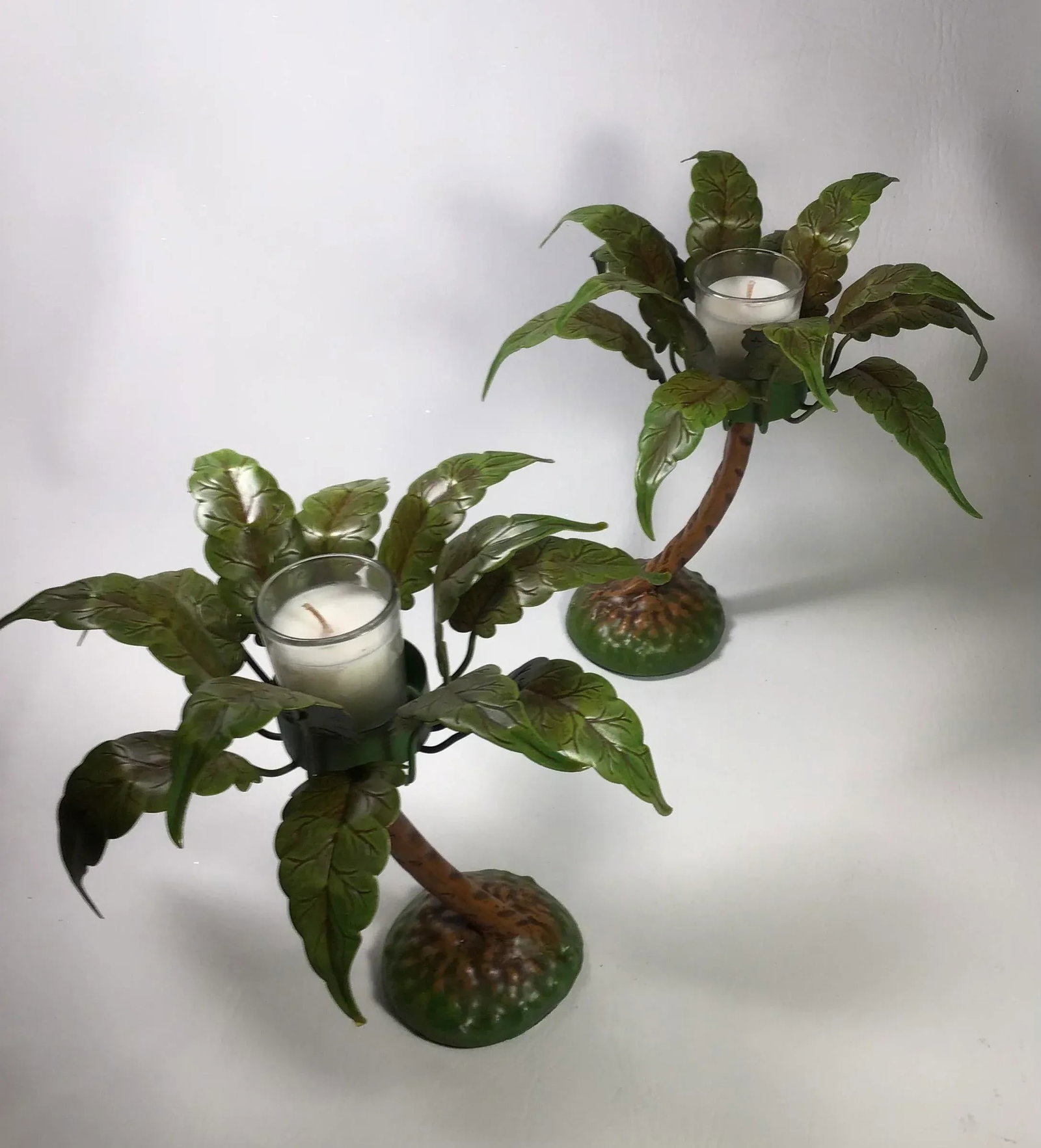 1990's Petite Choses Palm Tree Votives in Metal Toleware - a Pair - 4