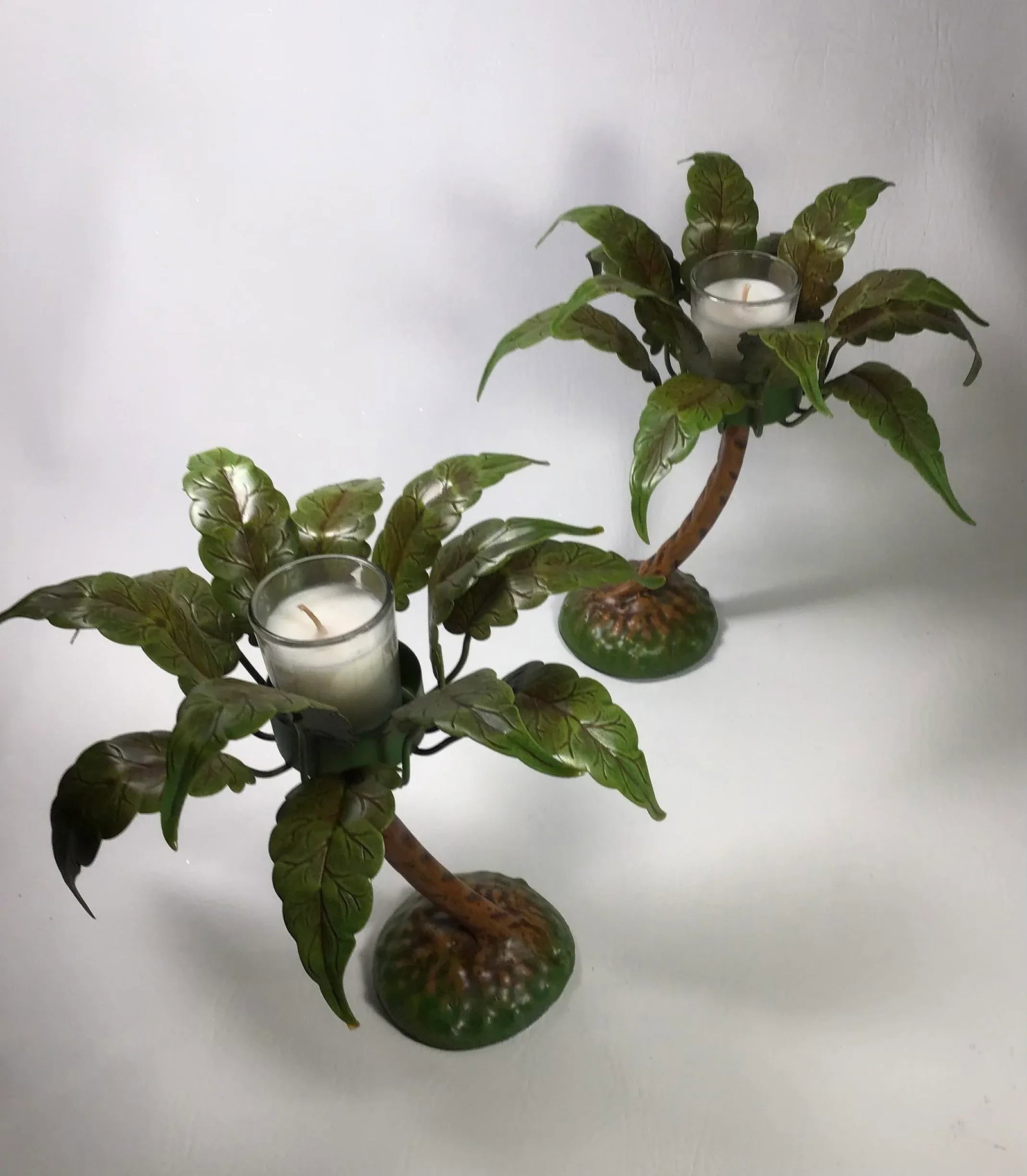 1990's Petite Choses Palm Tree Votives in Metal Toleware - a Pair - 7