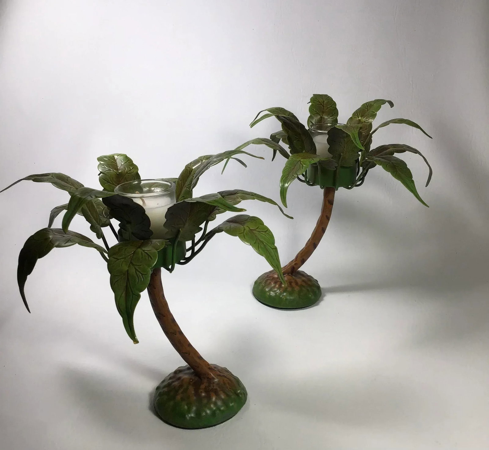 1990's Petite Choses Palm Tree Votives in Metal Toleware - a Pair - 8