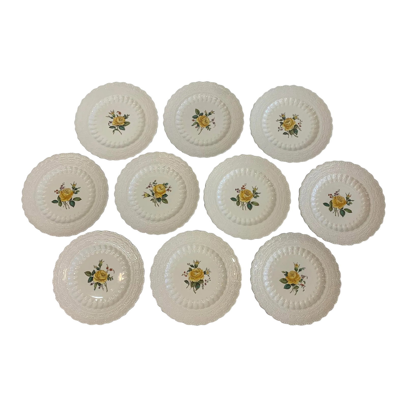1920s Spode's Billingsley Rose Yellow Luncheon Plates- Set of 10: For you consideration or perhaps collection, we offer these incredibly rare "Spode's Jewel Copeland" Yellow Billingsley Rose Luncheon plates by Spode of England. The yellow rose is what distinguishes